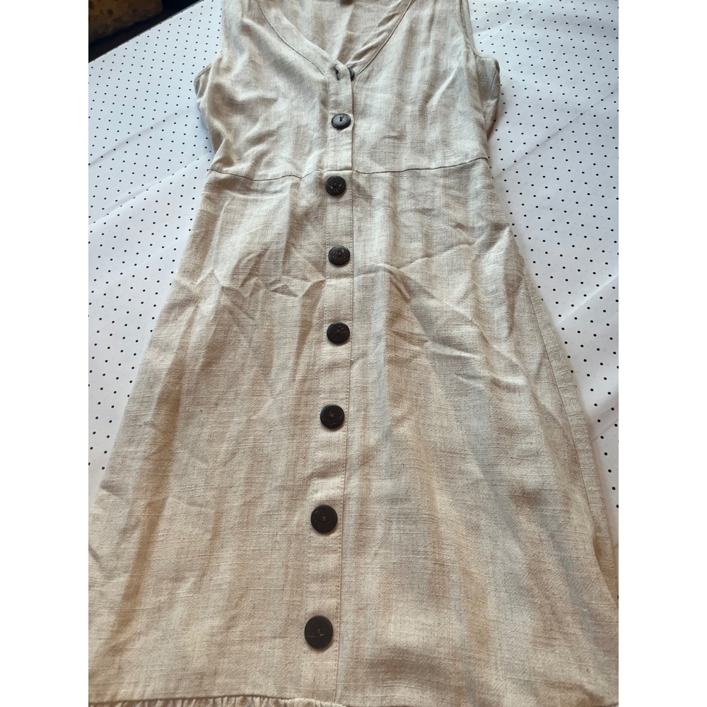 Monteau Los Angeles Linen Blend Button Front Midi Dress Beige Ruffle Hem M - Picture 3 of 9